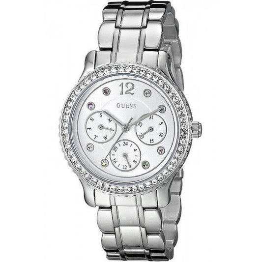 Guess Enchanting silver women's watch with crystal bezel and three subdials