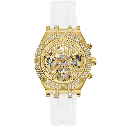 Guess Heiress gold-tone women's watch with crystal bezel and white silicone strap