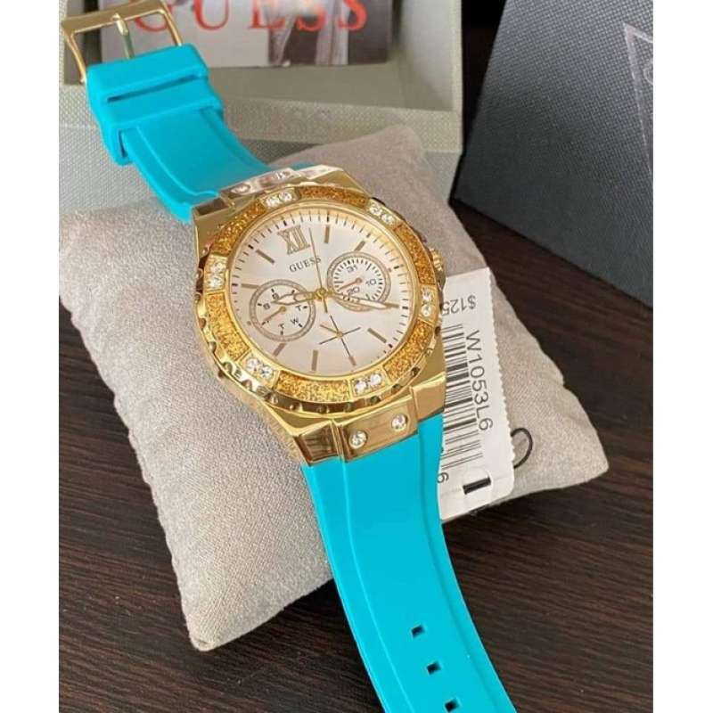 Guess Limelight Crystal White Dial Analog Light Blue Rubber Strap Women's Watch W1053L6