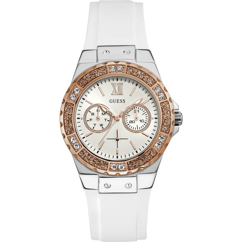 Guess Limelight Crystal White Dial White Silicone Dameshorloge W1053L2 Hoofdafbeelding