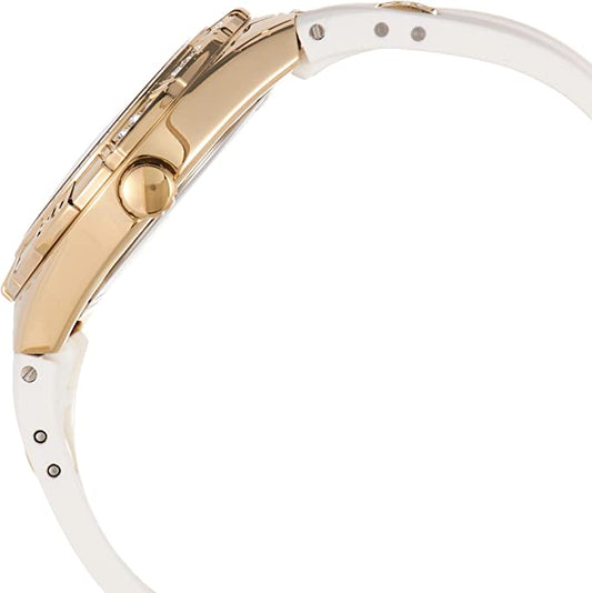 Side view of Guess Luna watch showing gold case and white rubber strap