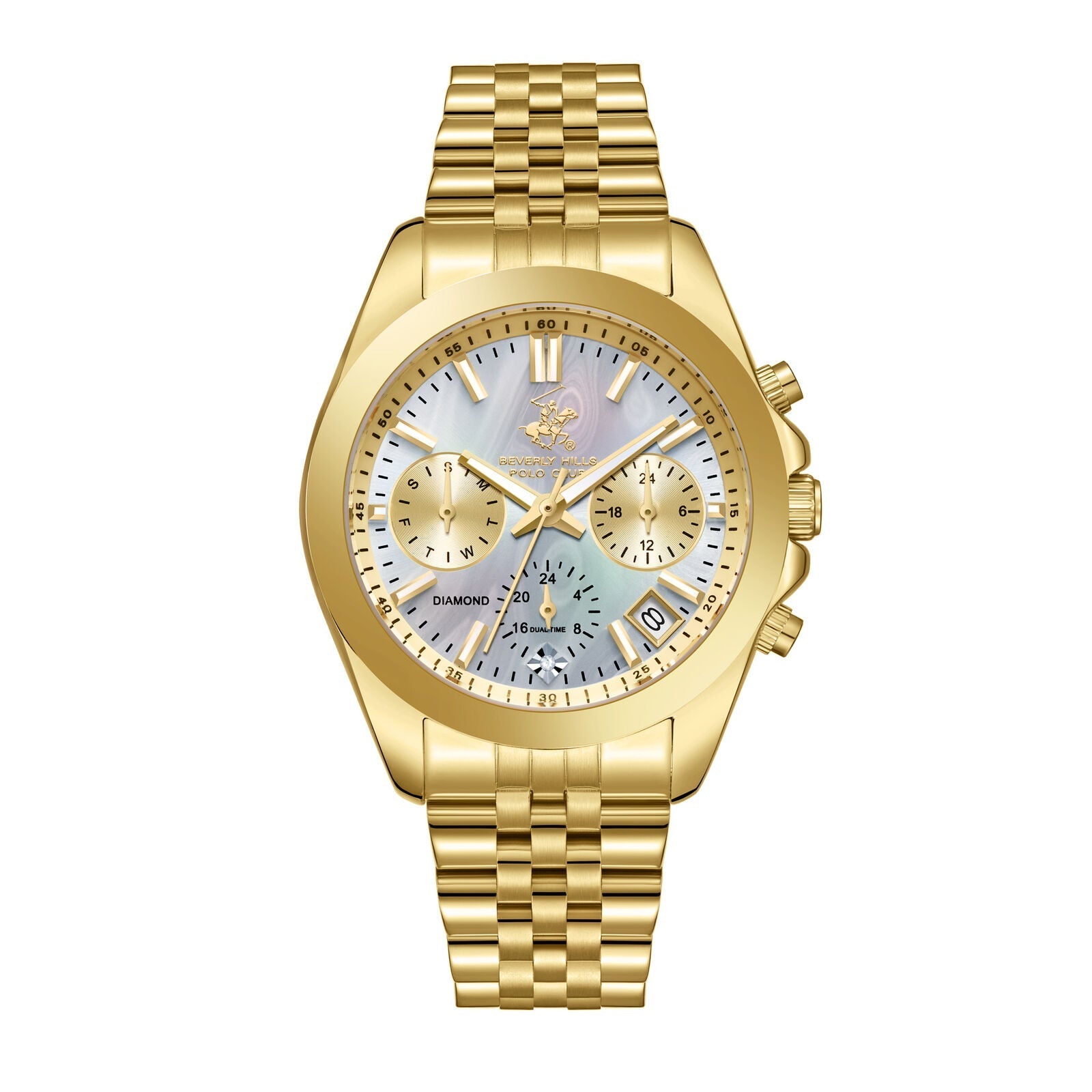 Beverly Hills Polo Club Multi-Function Mother Pearl Gold Diamond Watch BP3656C.120 Hoofdafbeelding
