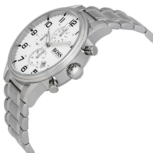 Hugo Boss Aeroliner chronograph watch angled view showing white dial and steel case