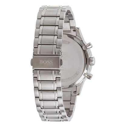 Hugo Boss Aeroliner watch caseback view showing stainless steel bracelet and engraved Boss logo clasp