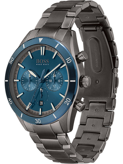 Hugo Boss Santiago chronograph watch front-angled view showing blue bezel and grey steel case