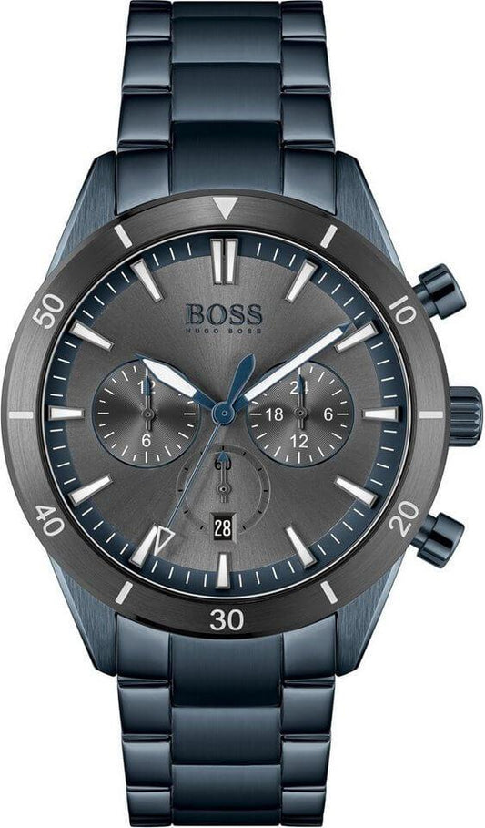 Hugo Boss Trophy chronograph watch with black dial, grey subdials, and black steel bracelet