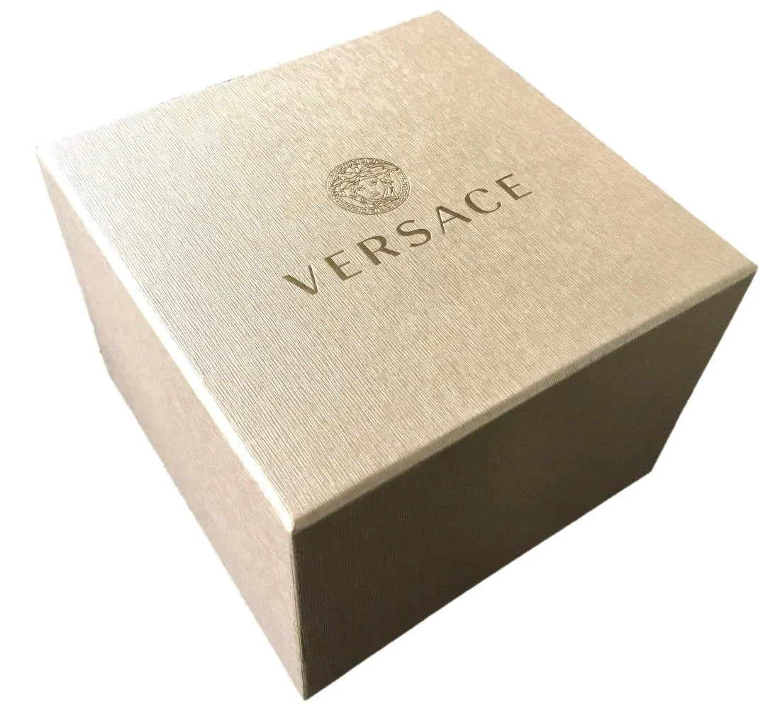 Versace box with gold logo and text on a white background