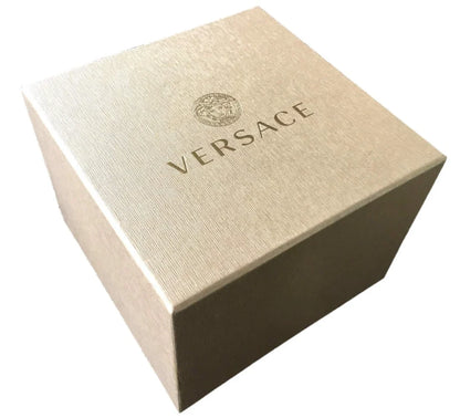 Versace box with gold logo and text on a white background