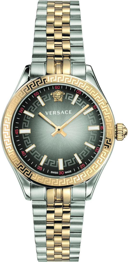 Versace men's watch featuring a two-tone silver and gold metal bracelet, a gold-tone Greek key bezel, and a dark gray dial with gold hands and indices.