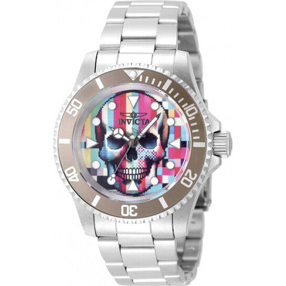 Invicta Pop Art Limited Edition men's watch with colorful pop art skull dial and stainless steel bracelet