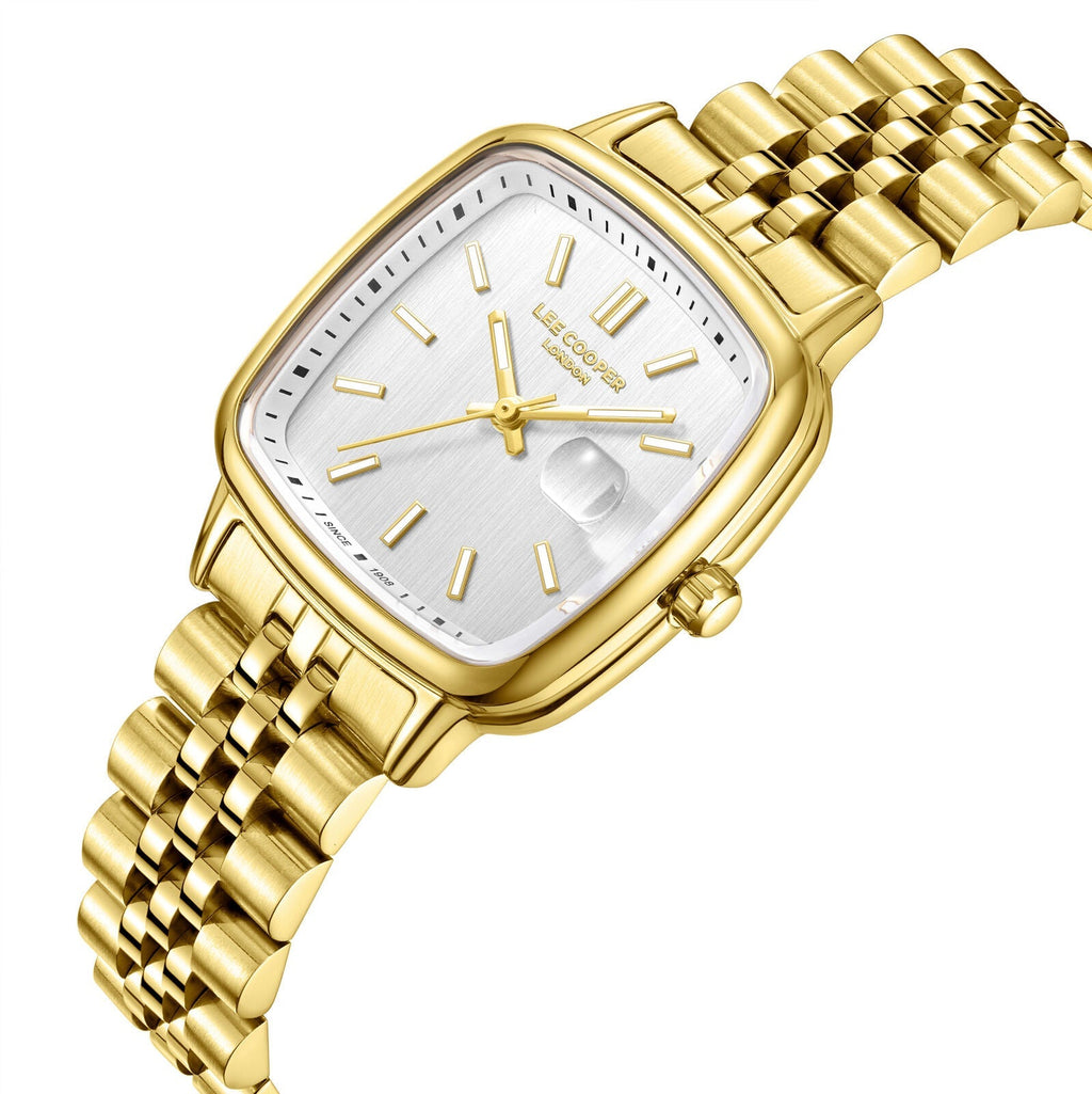 Lee Cooper April Square Case Date Window Silver Dial Gold Watch - LC08307.130