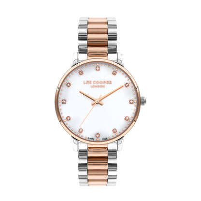 Lee Cooper Classic White MOP Dial Two Tone Watch with rose gold and silver stainless steel bracelet