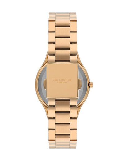 Caseback view of Lee Cooper rose gold watch showing solid case back and bracelet