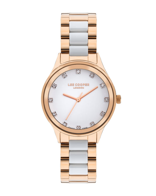 Lee Cooper Classic white MOP dial rose gold women's watch with mixed metal bracelet