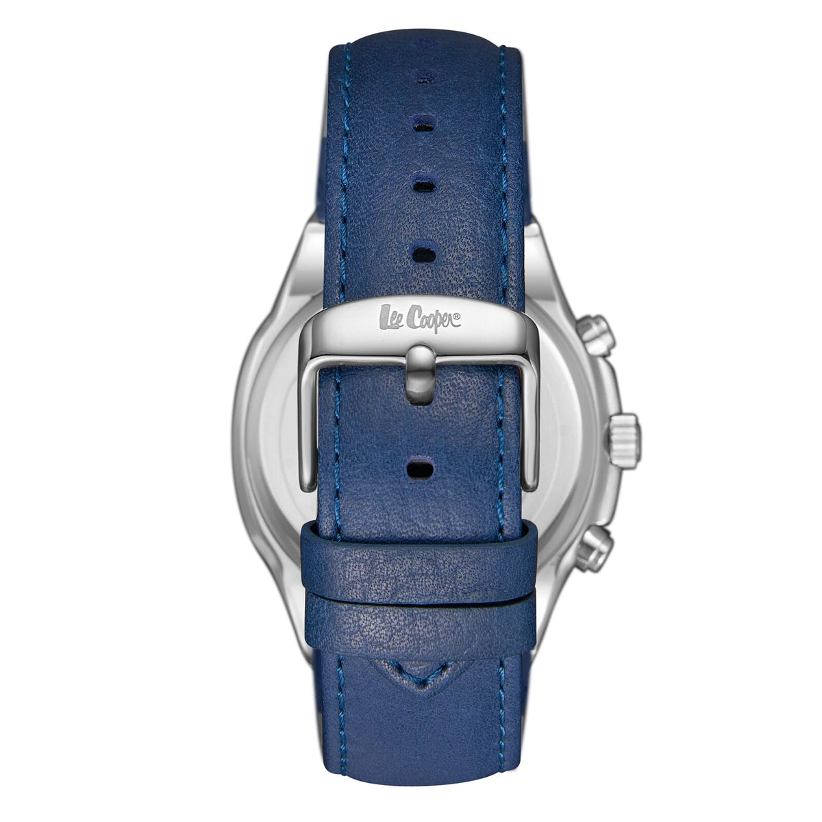 Lee Cooper LC07992.399 watch caseback view showing blue leather strap with silver buckle