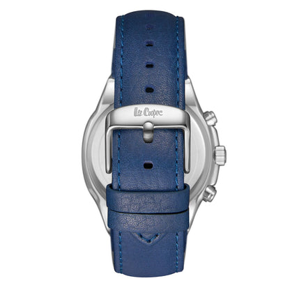 Lee Cooper LC07992.399 watch caseback view showing blue leather strap with silver buckle