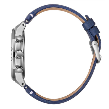 Lee Cooper LC07992.399 watch side profile with blue leather strap and chronograph pushers