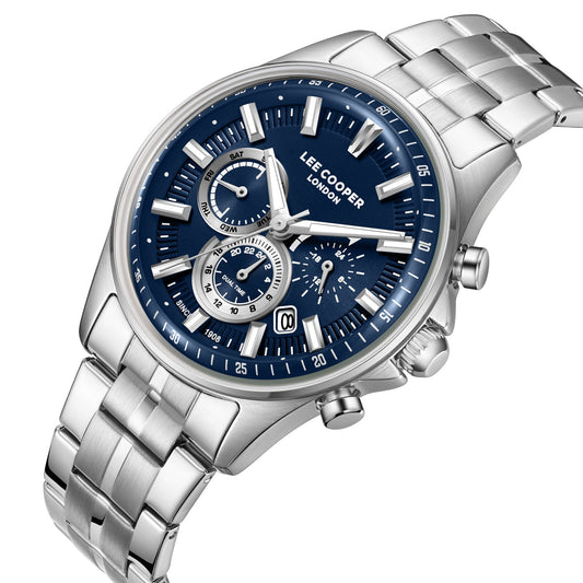 Lee Cooper multifunction watch with blue dial shown at three-quarter angle with bracelet