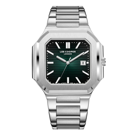 Lee Cooper Maxime square case watch with green dial, silver case and bracelet