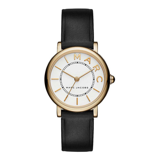 Marc Jacobs Classic Mini white dial watch with gold-tone case and black leather strap