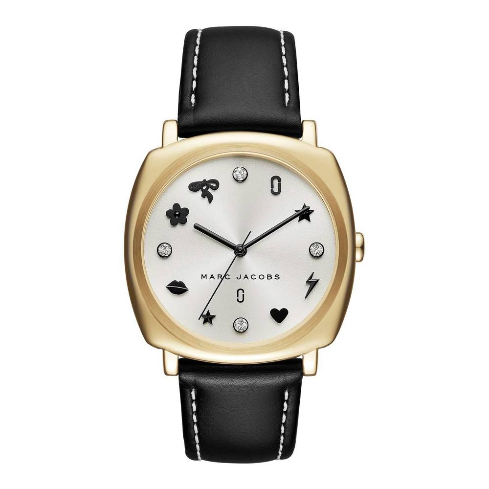 Marc Jacobs Mandy horloge met witte wijzerplaat, zwarte leren band en gouden accenten MJ1564 Hoofdafbeelding