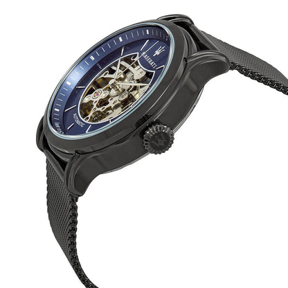 Maserati Epoca watch side angle view showing black case, blue dial with visible movement, and mesh strap