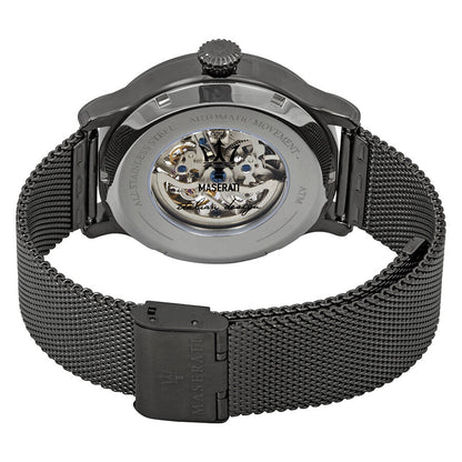 Maserati Epoca caseback showing visible automatic movement mechanism and mesh band