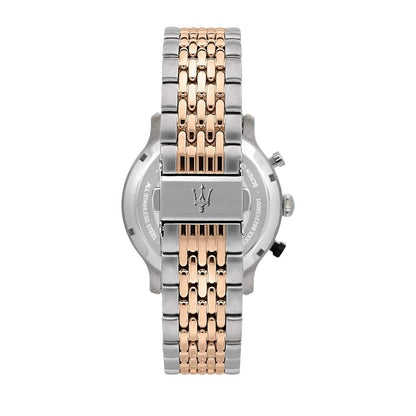 Maserati Legend watch caseback with Maserati trident logo and steel bracelet