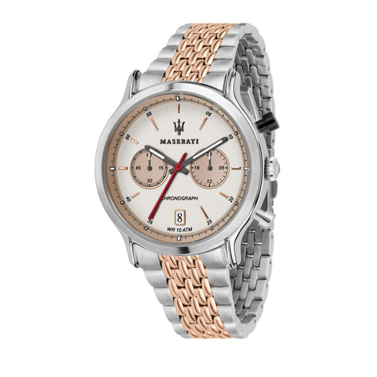 Maserati Legend 42mm chronograph watch with ivory dial and two-tone mixed metal bracelet