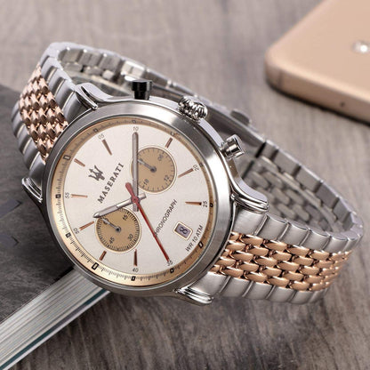 Maserati Legend 42mm chronograph on wrist with ivory dial and two-tone mixed metal bracelet