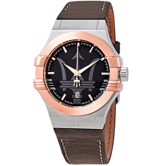 Maserati Potenza black dial watch with rose gold bezel and stainless steel case