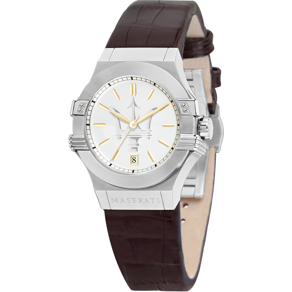 Maserati Potenza Silver Dial Brown Leather Ladies Watch R8851108506 Hoofdafbeelding