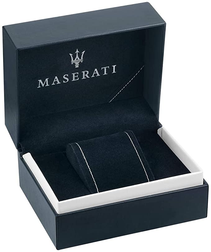 Maserati watch packaging box with navy exterior and navy interior with cushions