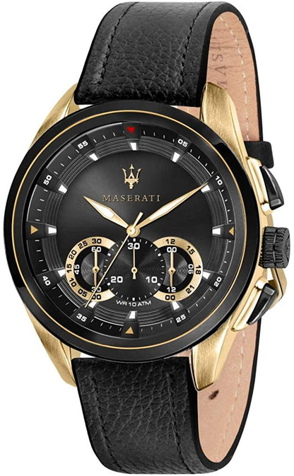 Maserati men's chronograph watch with black dial, gold-tone case, and black leather strap