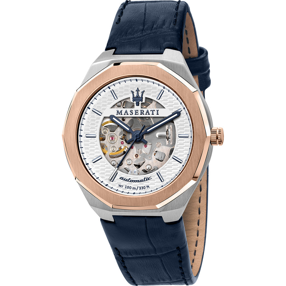 Maserati Stile Automatic Blue Leather Strap Men's Watch R8821142001 Hoofdafbeelding