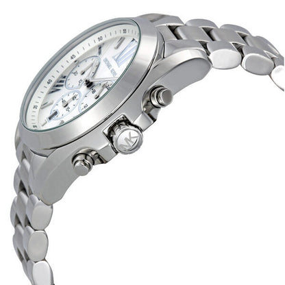 Side view of Michael Kors Bradshaw watch showing silver-tone stainless steel bracelet and chronograph pushers