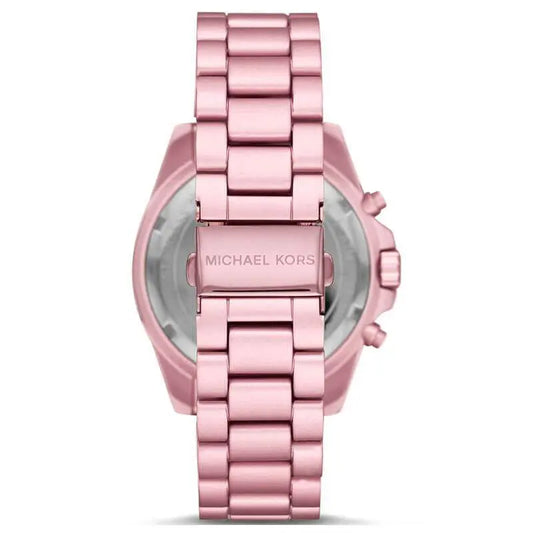 Michael Kors Bradshaw watch back view showing pink-tone stainless steel bracelet and case back