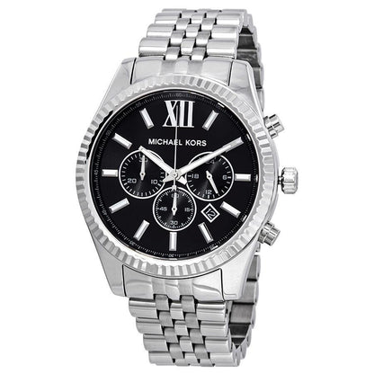 Michael Kors Lexington chronograph watch with black dial, Roman numerals, and stainless steel bracelet