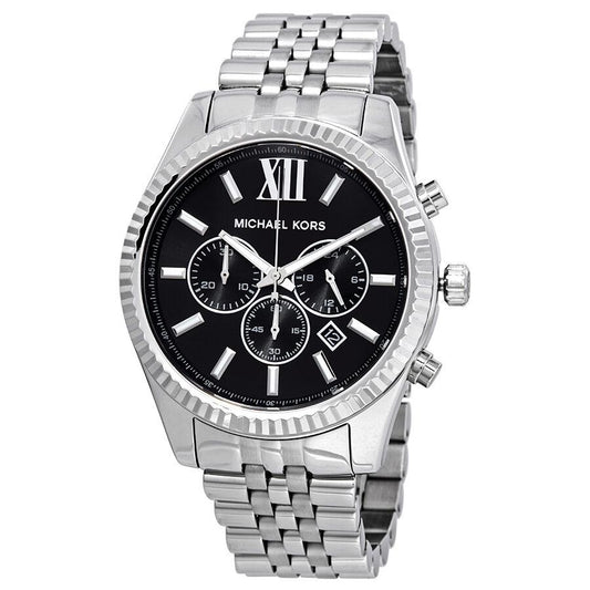 Michael Kors Lexington chronograph watch with black dial, Roman numerals, and stainless steel bracelet