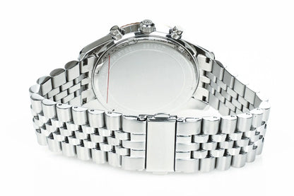 Back view of Michael Kors Lexington chronograph watch with stainless steel bracelet