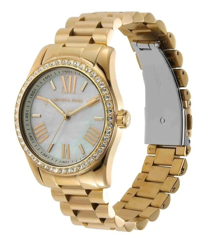 Michael Kors Lexington dameshorloge met parelmoeren wijzerplaat, witte wijzerplaat en gouden stalen band - MK1079 Secundaire afbeelding