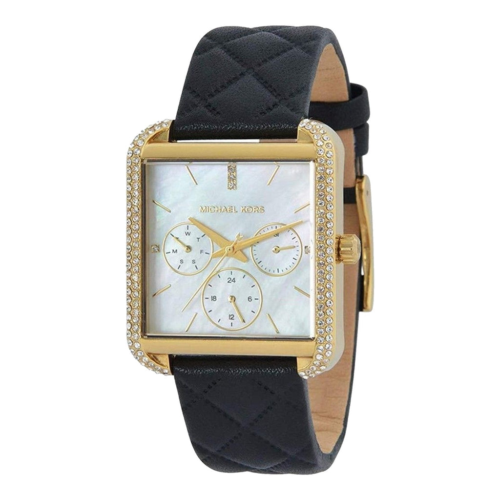 Michael Kors Drew Quartz dameshorloge met parelmoeren wijzerplaat en zwarte leren band - MK2769 Hoofdafbeelding