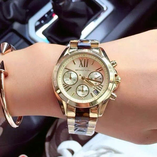 Michael Kors Mini Bradshaw 37mm Gold Dial Gold-Tone and Tortoise Chronograph Women's Watch MK5973