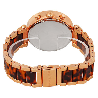Michael Kors Parker watch caseback view showing rose-gold case back and tortoise acetate bracelet