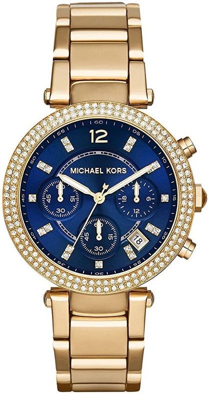 Michael Kors Parker women's watch with navy blue chronograph dial and diamond-set gold-tone bezel