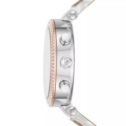 Side profile of Michael Kors Parker watch showing rose gold bezel, silver case, and multi-function chronograph pushers
