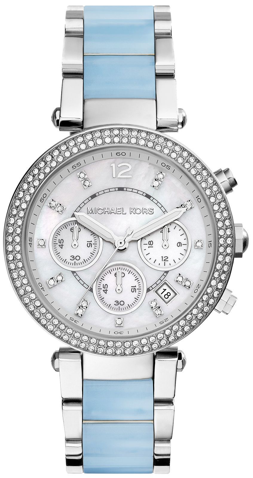 Michael Kors Parker dameshorloge met witte wijzerplaat, zilveren en blauwe acetaat kast - MK6138 Hoofdafbeelding