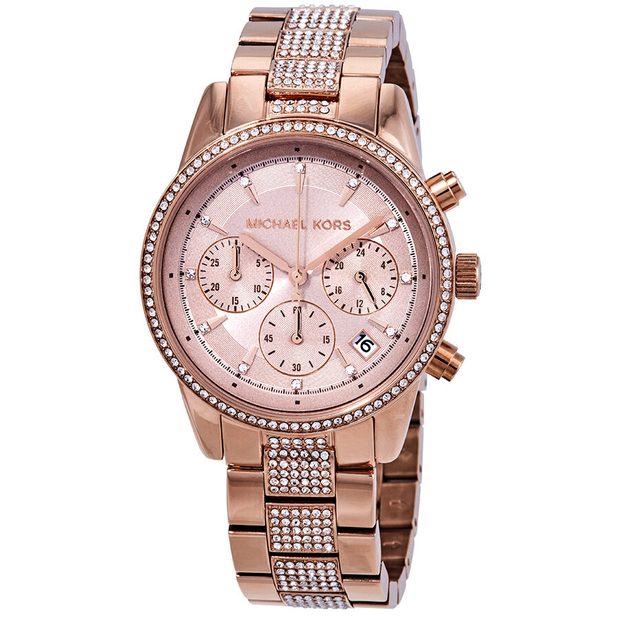 Michael Kors Ritz Pave Chronograph Crystal Rose Gold-Tone Women's Watch - MK6485 Hoofdafbeelding