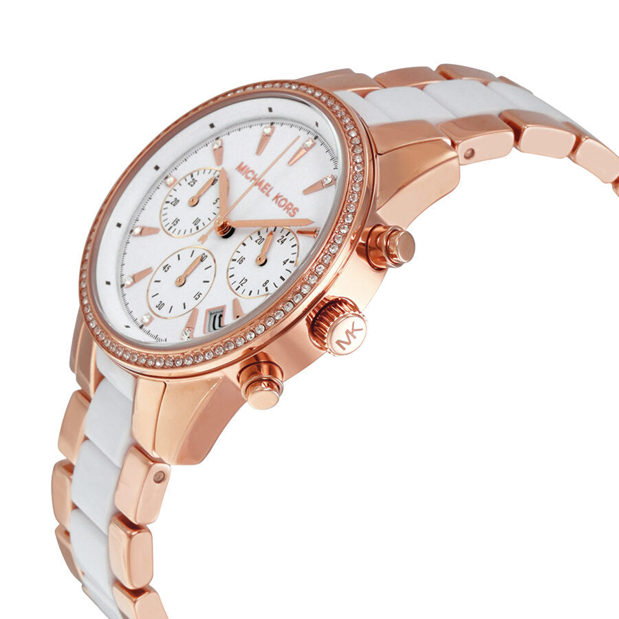Michael Kors Ritz Chronograaf Dameshorloge met witte wijzerplaat, roségoud en acetaat - MK6324 Secundaire afbeelding