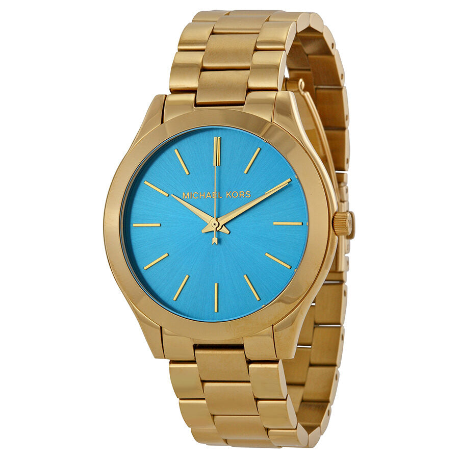 Michael Kors Runway dameshorloge met blauwe wijzerplaat en goudkleurige afwerking - MK3265 Hoofdafbeelding